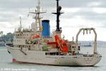 ID 2102 HAKUHO MARU (1989/3991grt/IMO 8714700) an oceanographic research ship operated by the Japan Agency for Marine-Earth Science and Technology (JAMSTEC) manoeuvres off her berth on arrival in Auckland,...